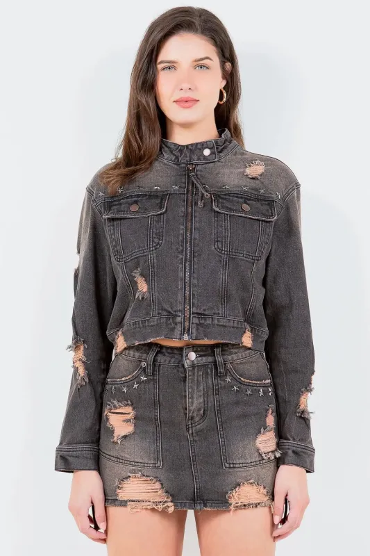 American Bazi Full Size Distressed Star Stud Trim Denim Rider Jacket Plus Size made by Trendsi