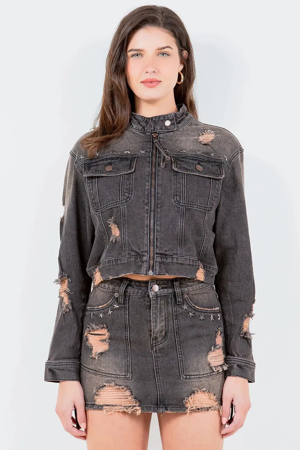 American Bazi Full Size Distressed Star Stud Trim Denim Rider Jacket Plus Size sold by Unique Kulture