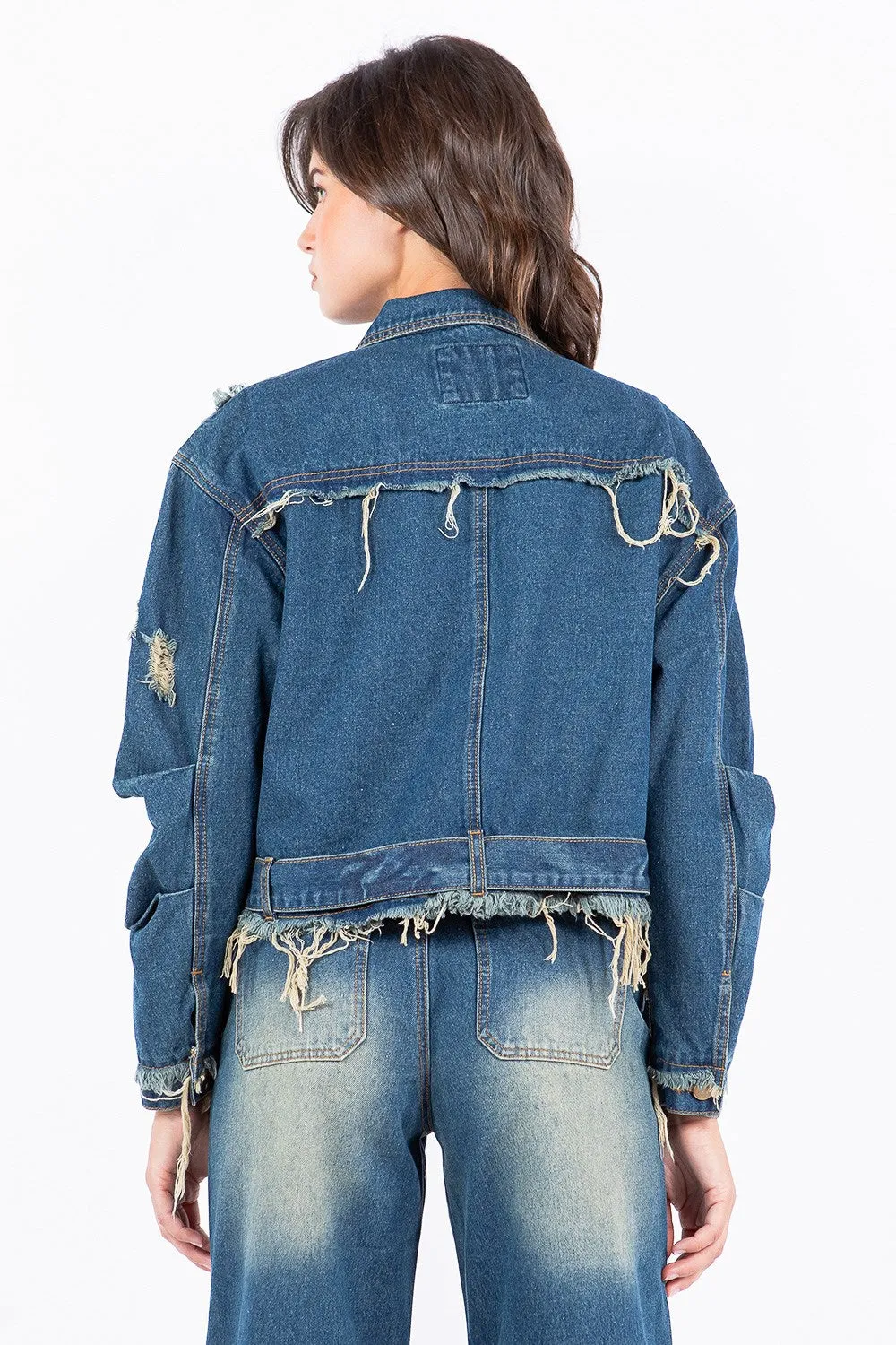 American Bazi Full Size Distressed Frayed Edge Zip Up Denim Jacket Plus Size sold by Unique Kulture product image thumbnail 3
