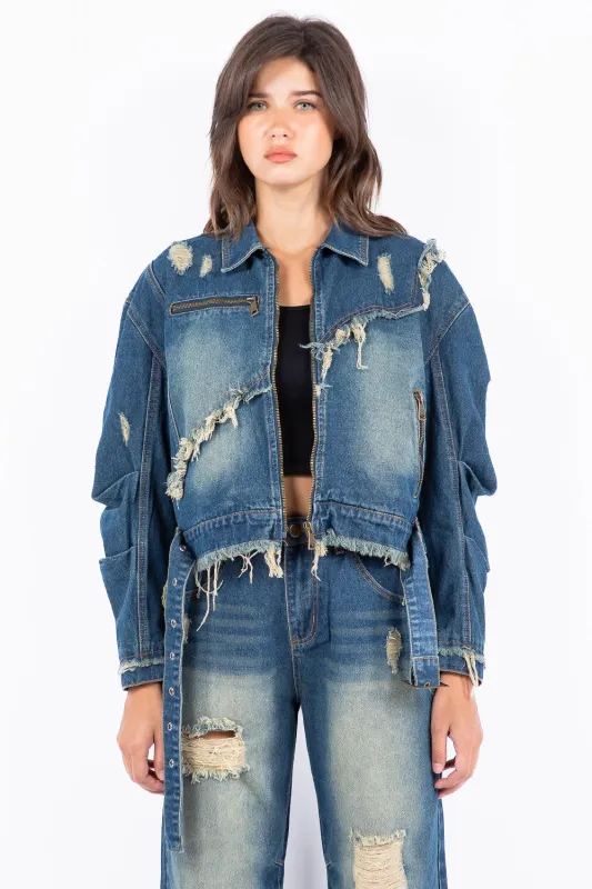 American Bazi Full Size Distressed Frayed Edge Zip Up Denim Jacket Plus Size sold by Unique Kulture