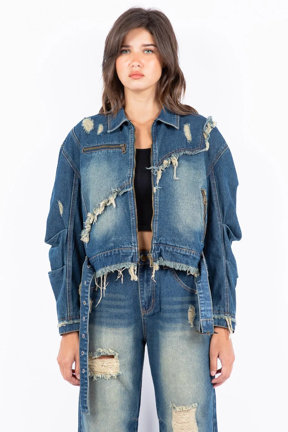 American Bazi Full Size Distressed Frayed Edge Zip Up Denim Jacket Plus Size sold by Unique Kulture