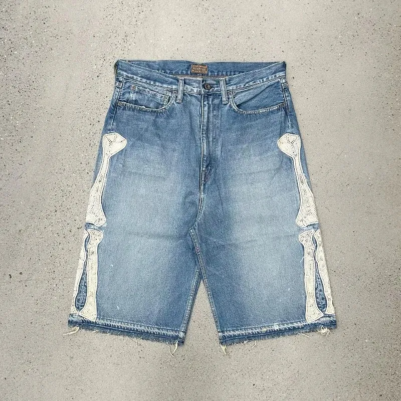 Skeleton Patch Denim Shorts – Blue Washed Streetwear Raw Hem sold by Unique Kulture
