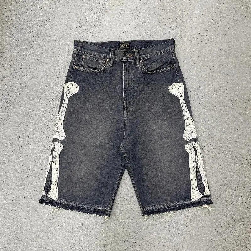 Skeleton Patch Denim Shorts – Blue Washed Streetwear Raw Hem sold by Unique Kulture product image thumbnail 3