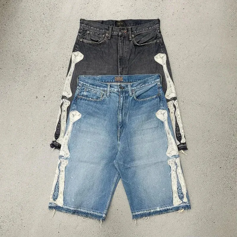 Skeleton Patch Denim Shorts – Blue Washed Streetwear Raw Hem sold by Unique Kulture product image thumbnail 2