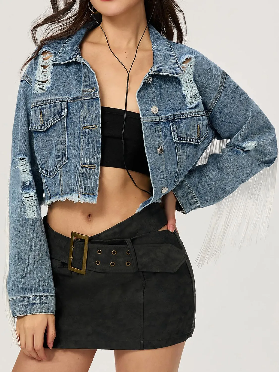 Distressed Fringe Collared Neck Cropped Denim Top sold by Unique Kulture product image thumbnail 3
