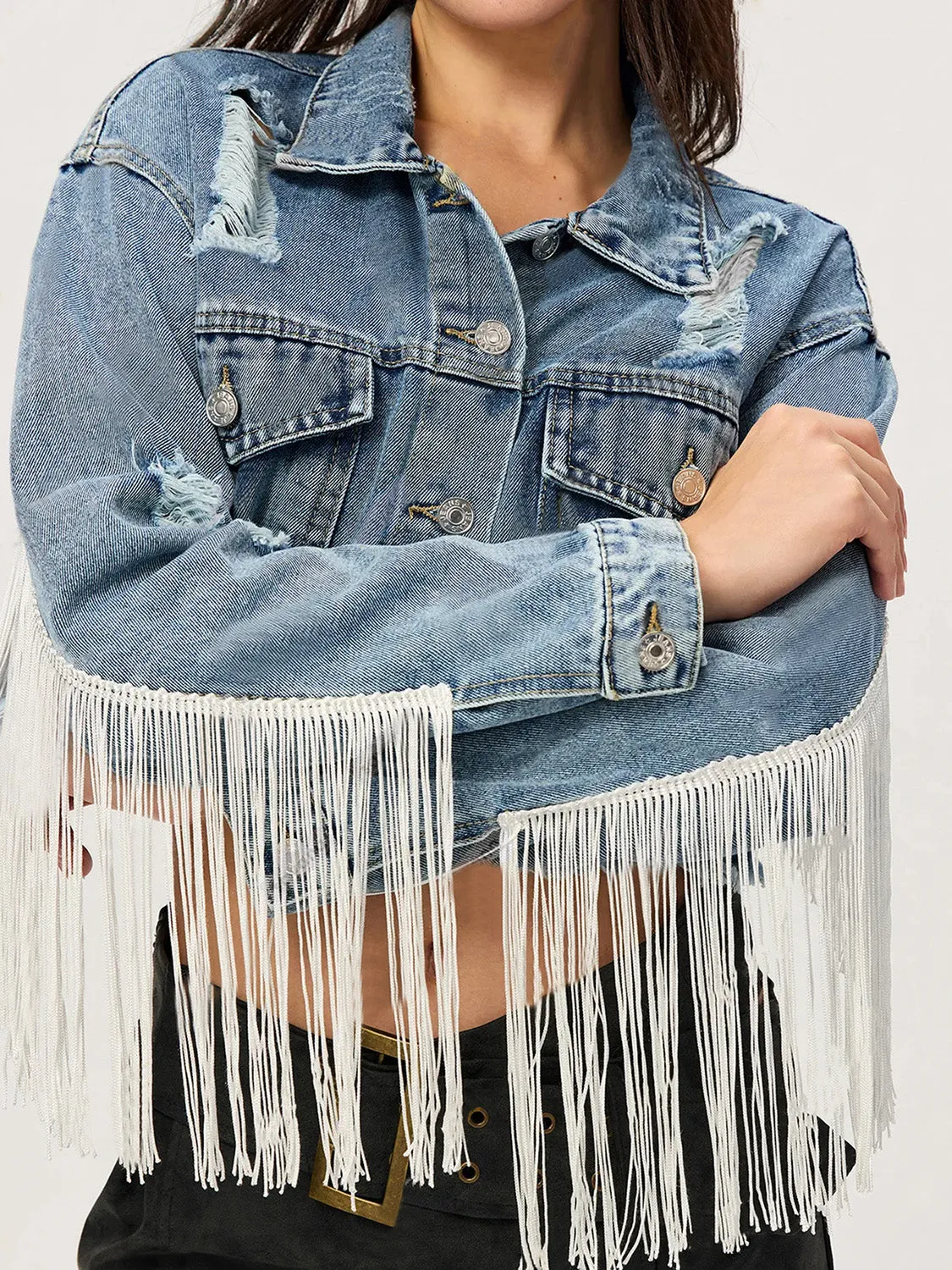Distressed Fringe Collared Neck Cropped Denim Top sold by Unique Kulture
