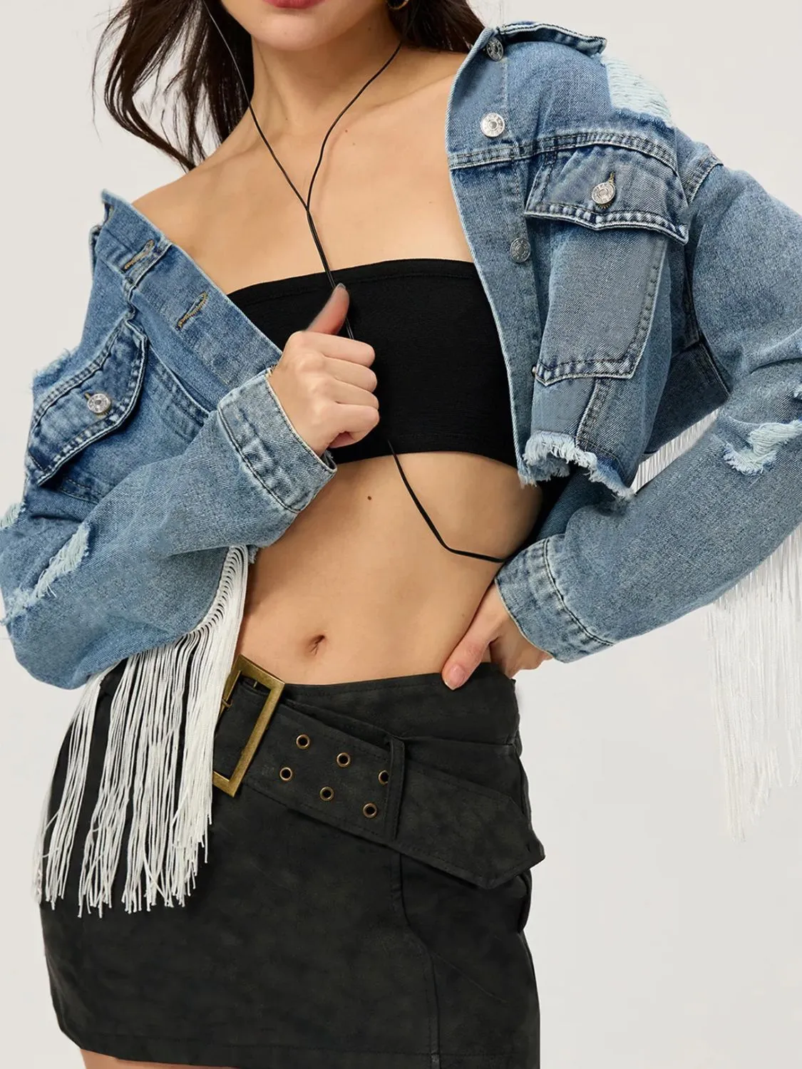 Distressed Fringe Collared Neck Cropped Denim Top sold by Unique Kulture product image thumbnail 5