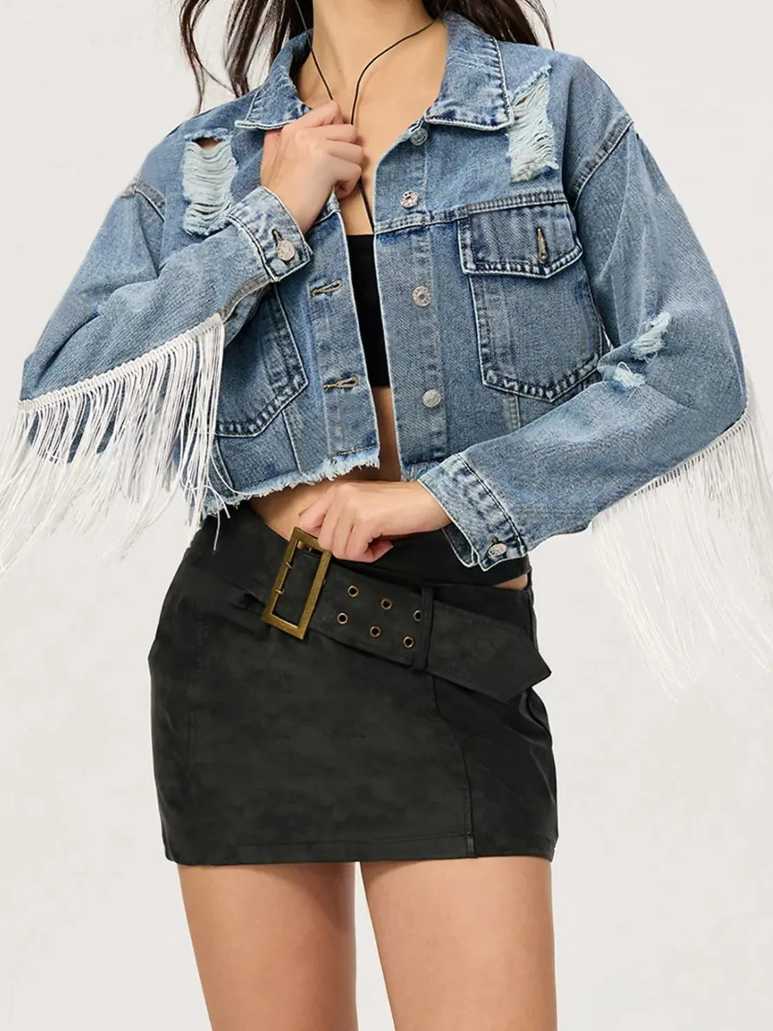 Distressed Fringe Collared Neck Cropped Denim Top sold by Unique Kulture product image thumbnail 2