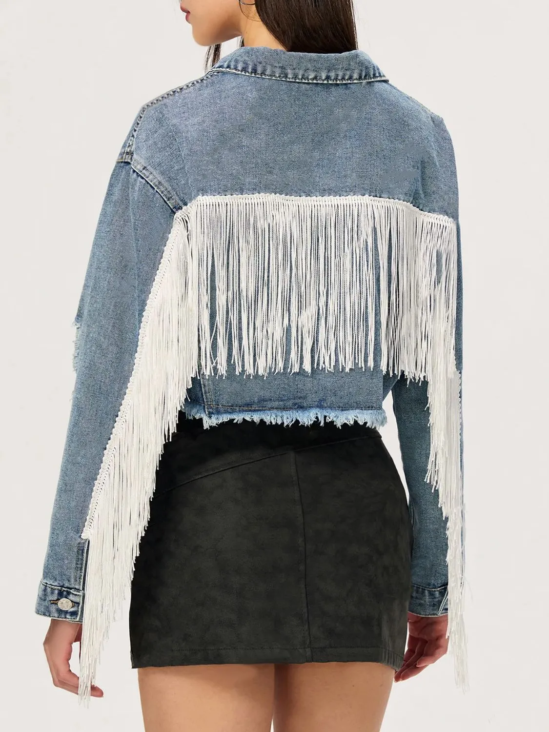 Distressed Fringe Collared Neck Cropped Denim Top sold by Unique Kulture product image thumbnail 4