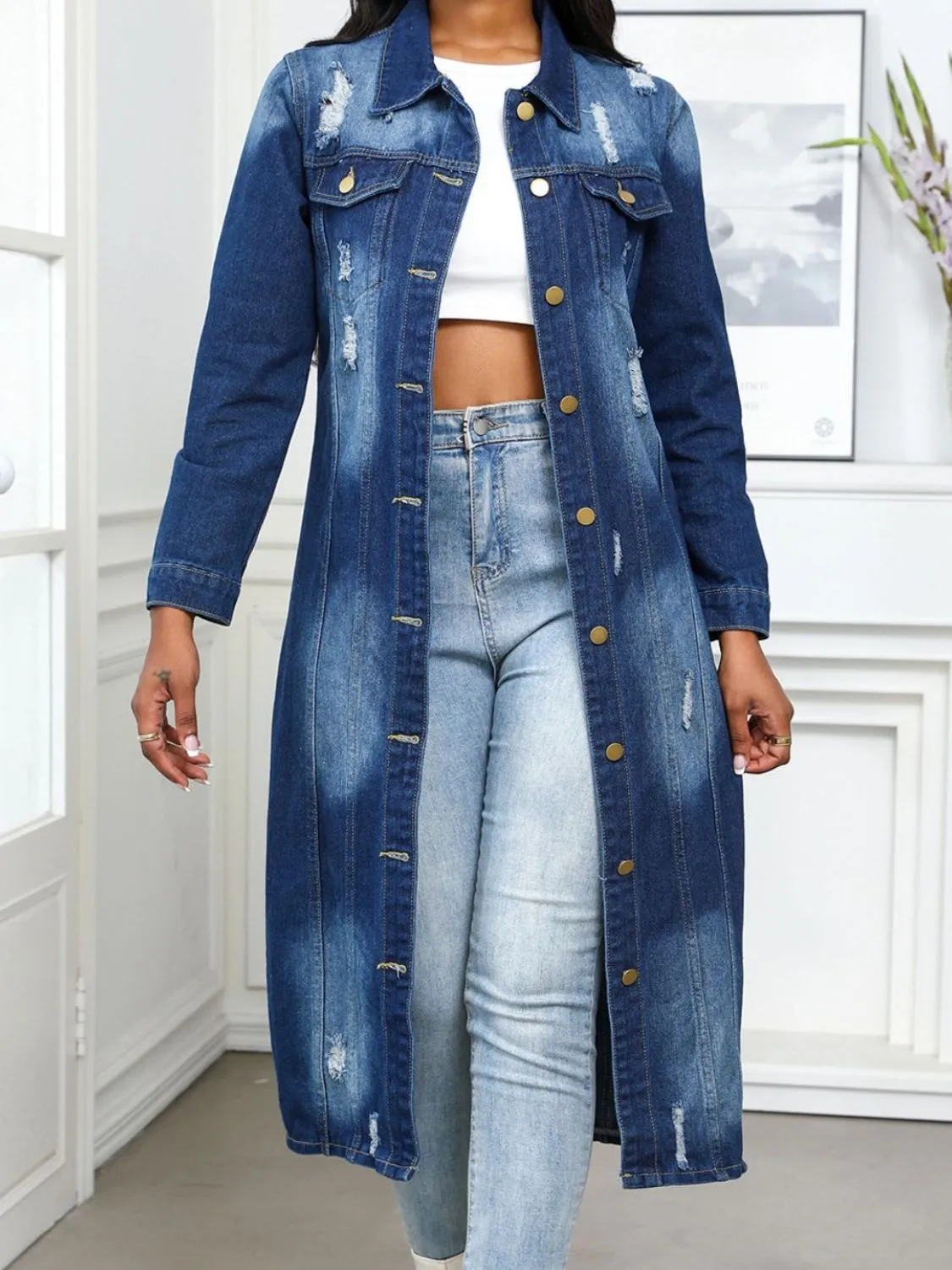 Distressed Button Up Collared Neck Denim Top sold by Unique Kulture