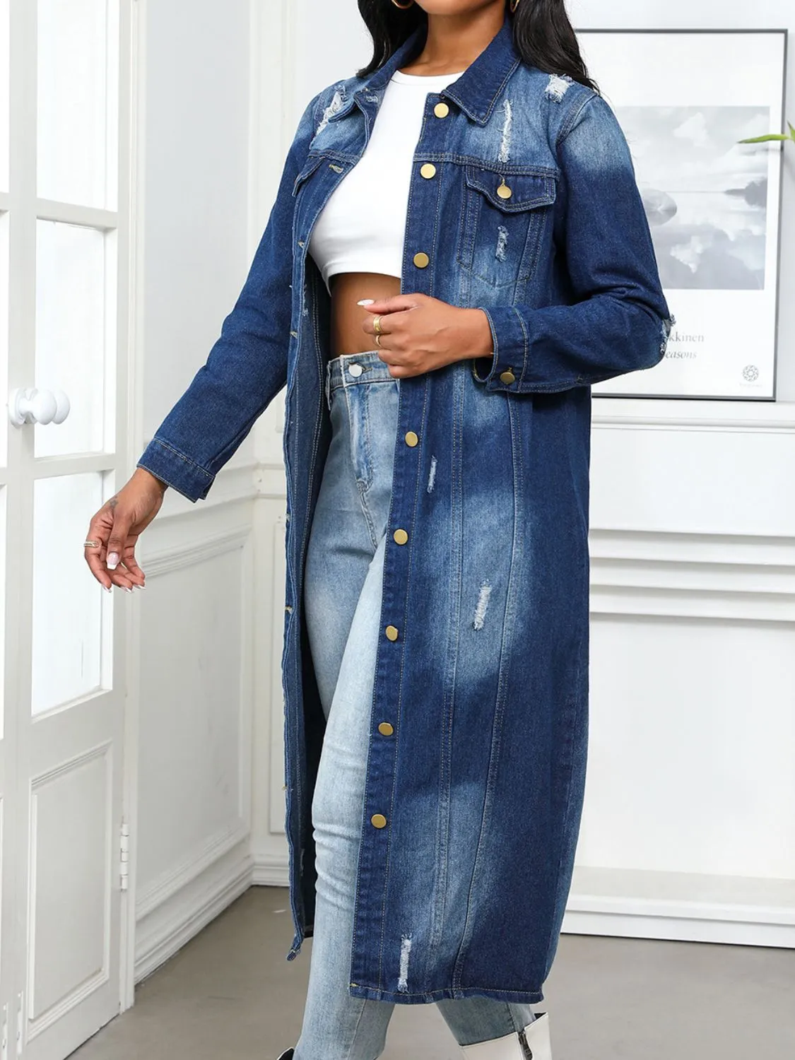 Distressed Button Up Collared Neck Denim Top sold by Unique Kulture product image thumbnail 4