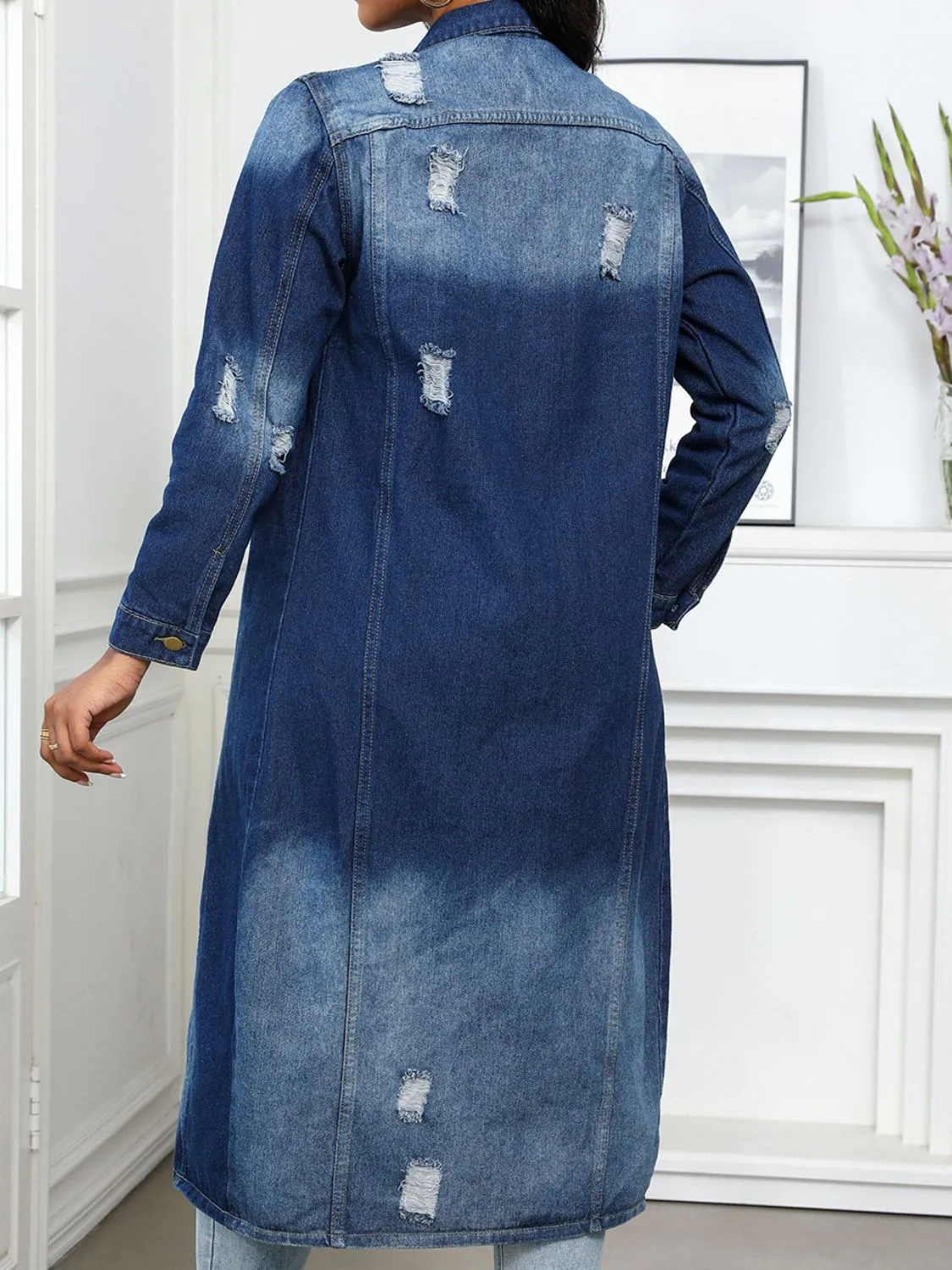 Distressed Button Up Collared Neck Denim Top sold by Unique Kulture product image thumbnail 2