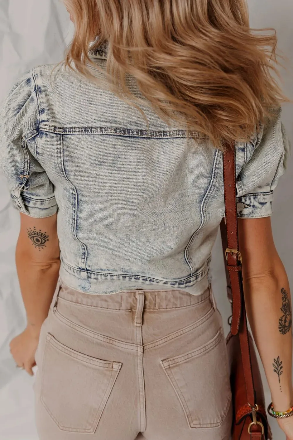 Wash Buttoned Chest Pocket Puff Sleeve Denim Jacket sold by Unique Kulture product image thumbnail 2