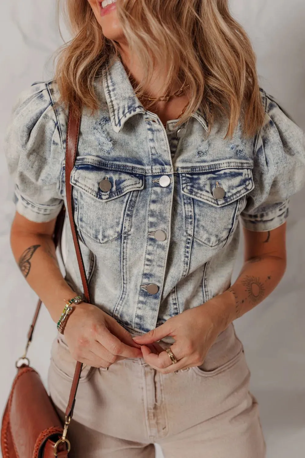 Wash Buttoned Chest Pocket Puff Sleeve Denim Jacket sold by Unique Kulture product image thumbnail 3