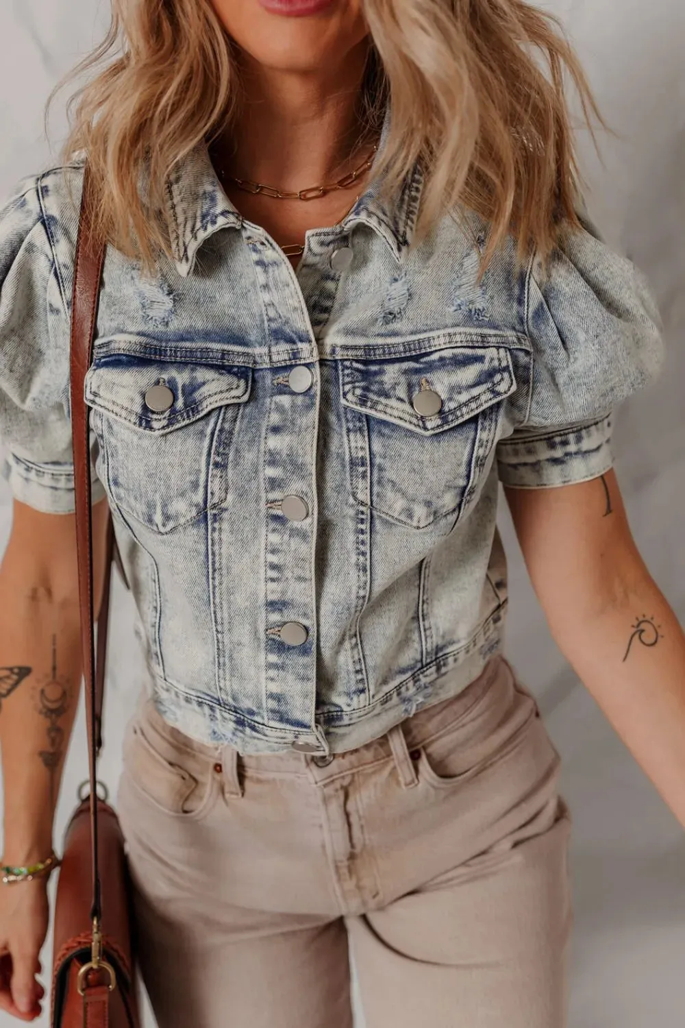 Wash Buttoned Chest Pocket Puff Sleeve Denim Jacket sold by Unique Kulture product image thumbnail 5
