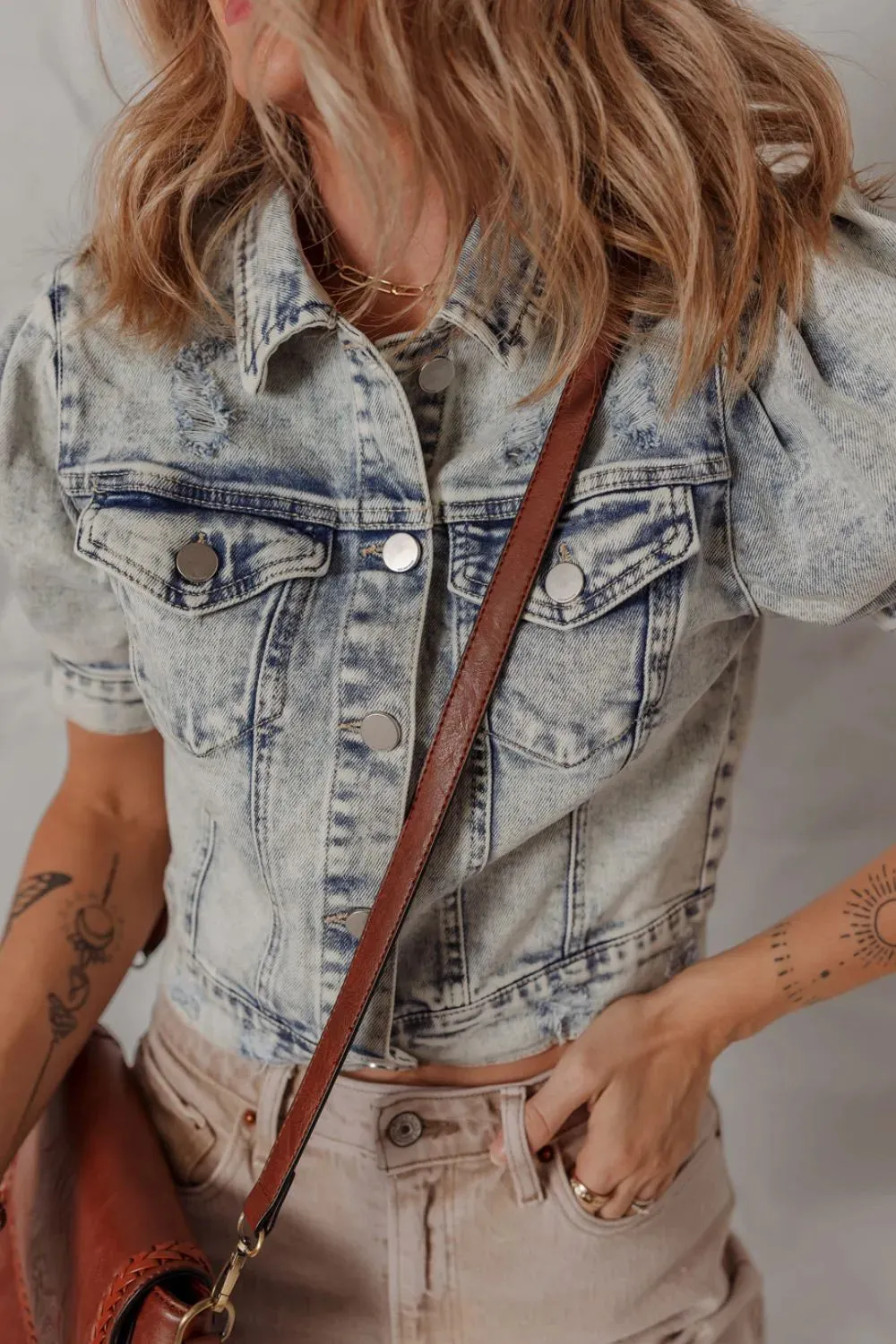 Wash Buttoned Chest Pocket Puff Sleeve Denim Jacket sold by Unique Kulture product image thumbnail 4