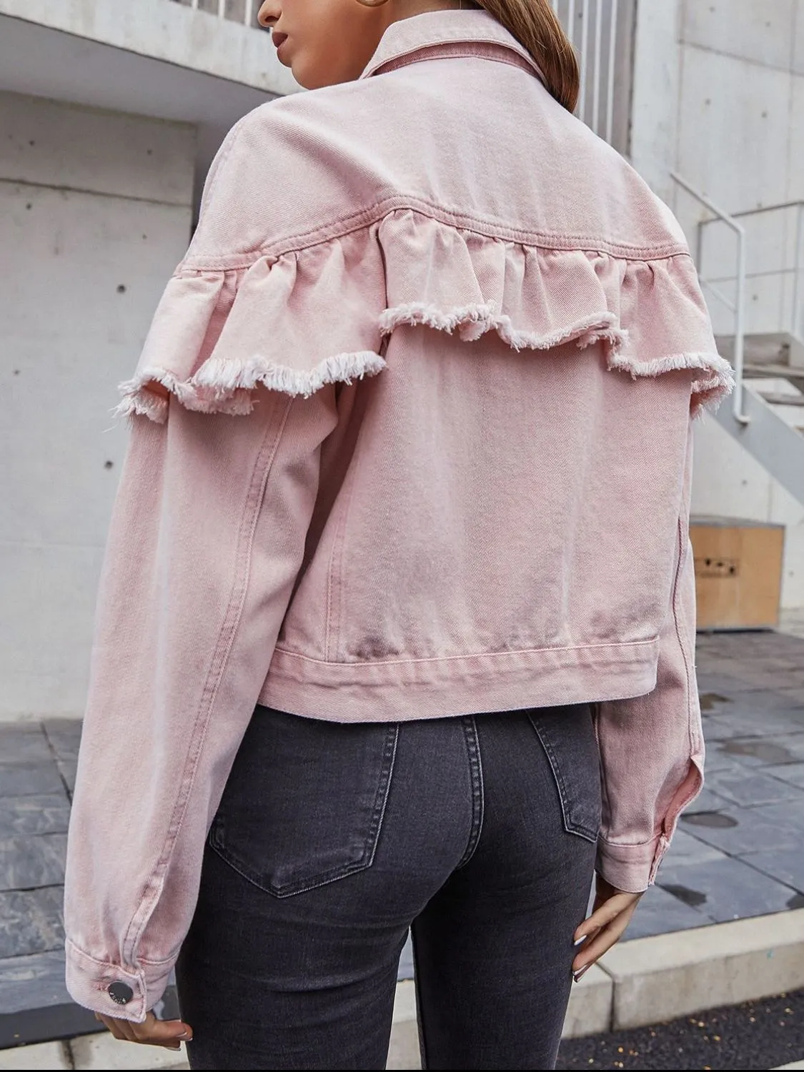 Ruffled Collared Neck Long Sleeve Denim Top sold by Unique Kulture product image thumbnail 2