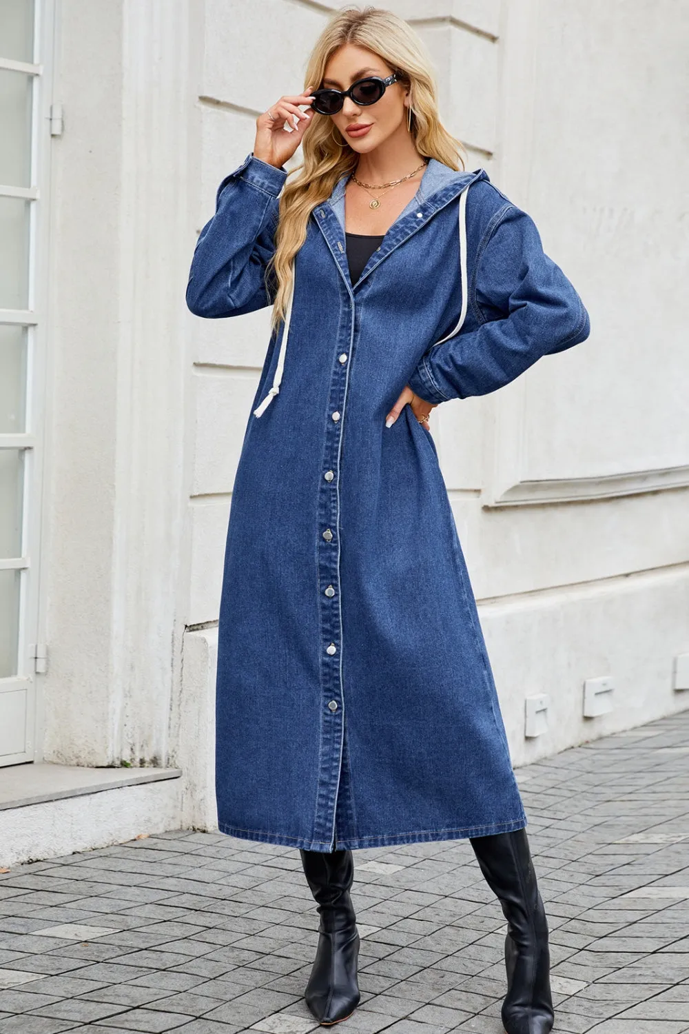 Button Up Long Sleeve Longline Hooded Denim Outerwear sold by Unique Kulture product image thumbnail 4