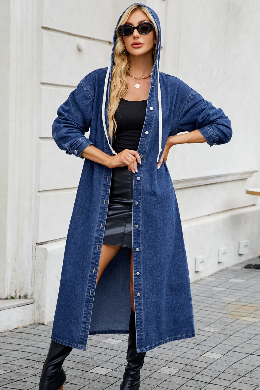 Button Up Long Sleeve Longline Hooded Denim Outerwear sold by Unique Kulture