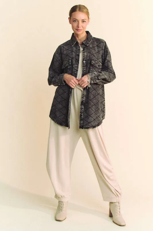 Davi & Dani Curved Hem Diamond Quilted Button Up Denim Shacket sold by Unique Kulture product image thumbnail 5