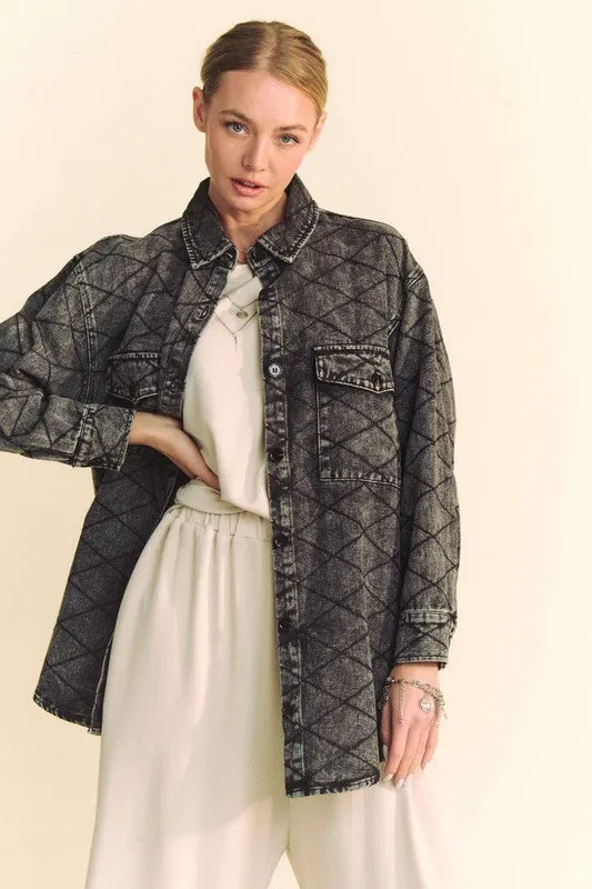 Davi & Dani Curved Hem Diamond Quilted Button Up Denim Shacket sold by Unique Kulture product image thumbnail 4