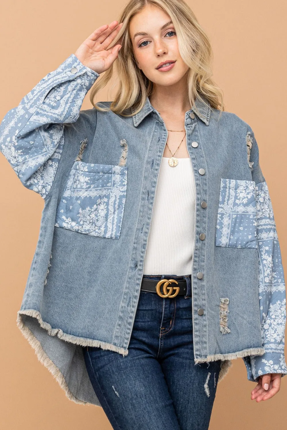 And The Why Full Size Paisley Print Quilted Sleeves Denim Jacket sold by Unique Kulture