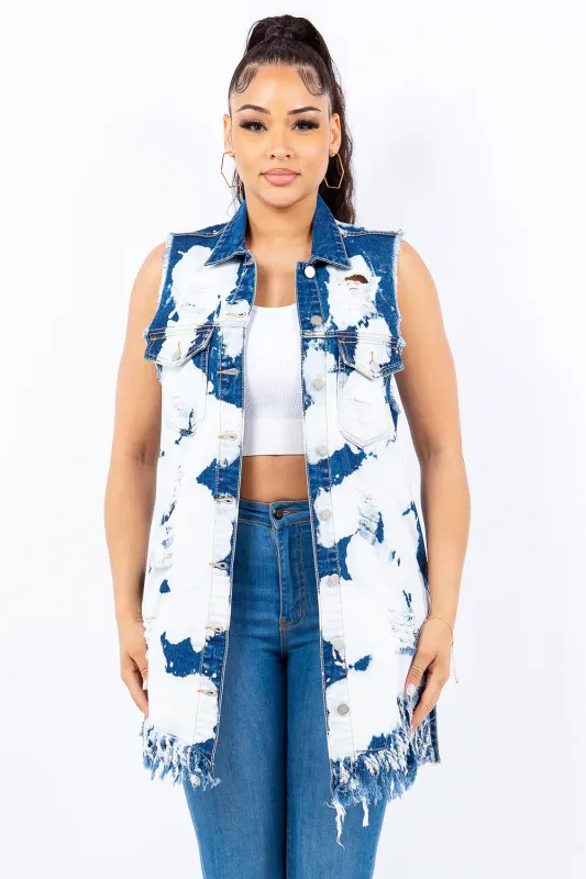 American Bazi Distressed Frayed Edge Longline Denim Vest sold by Unique Kulture