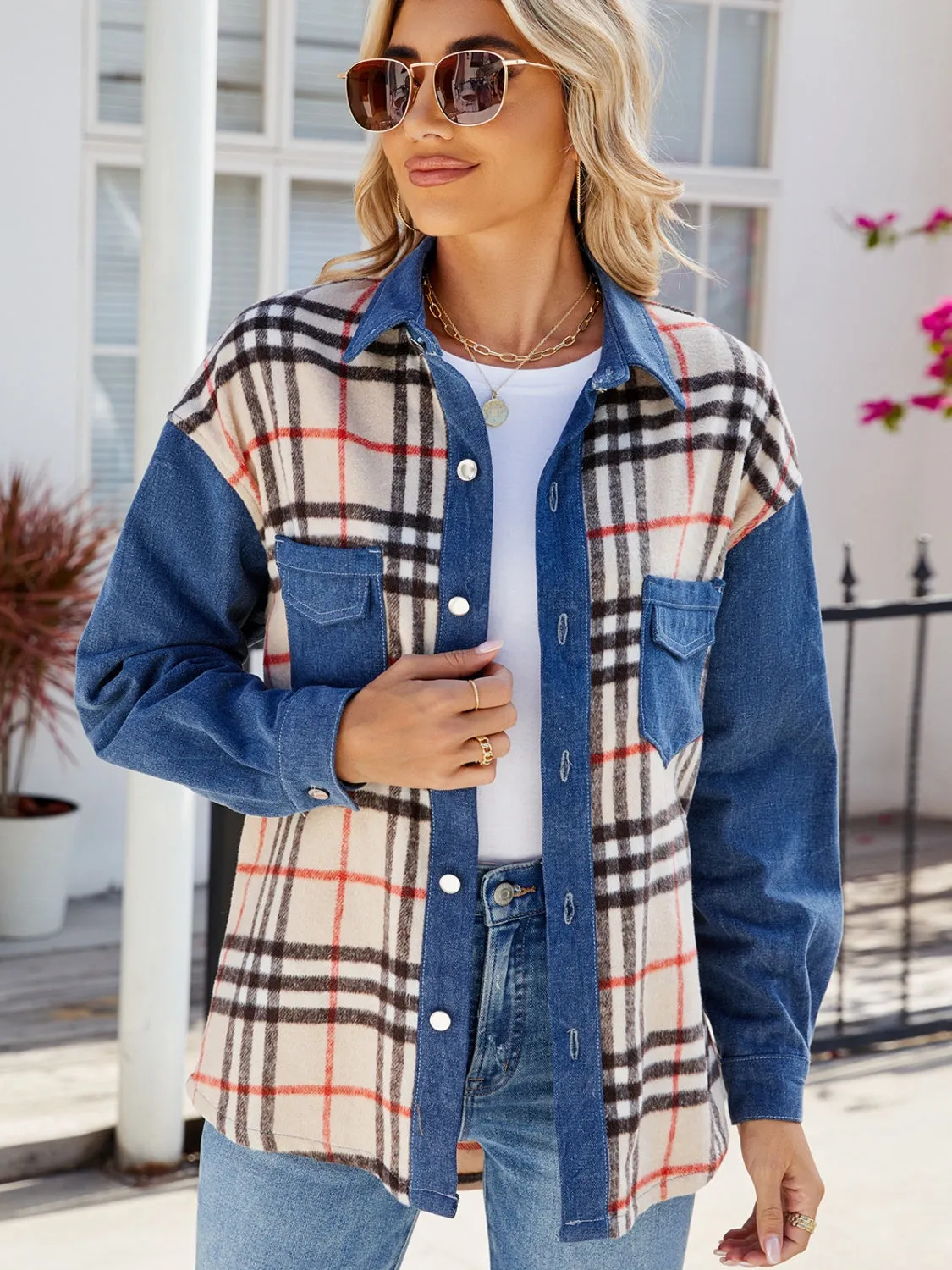 Plaid Long Sleeve Denim Jacket sold by Unique Kulture