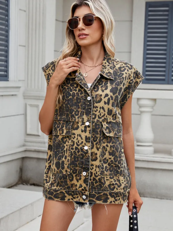 Leopard Buttton Up Denim Vest sold by Unique Kulture