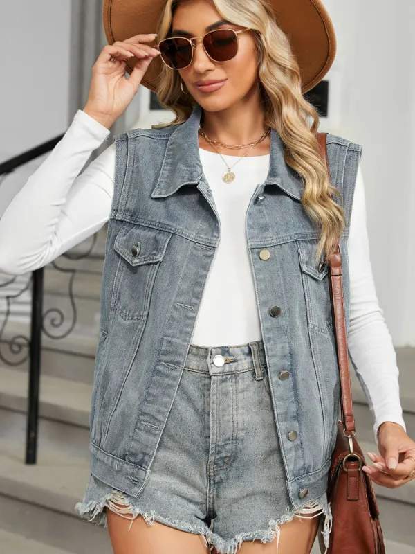 Pocketed Button Up Sleeveless Denim Jacket sold by Unique Kulture