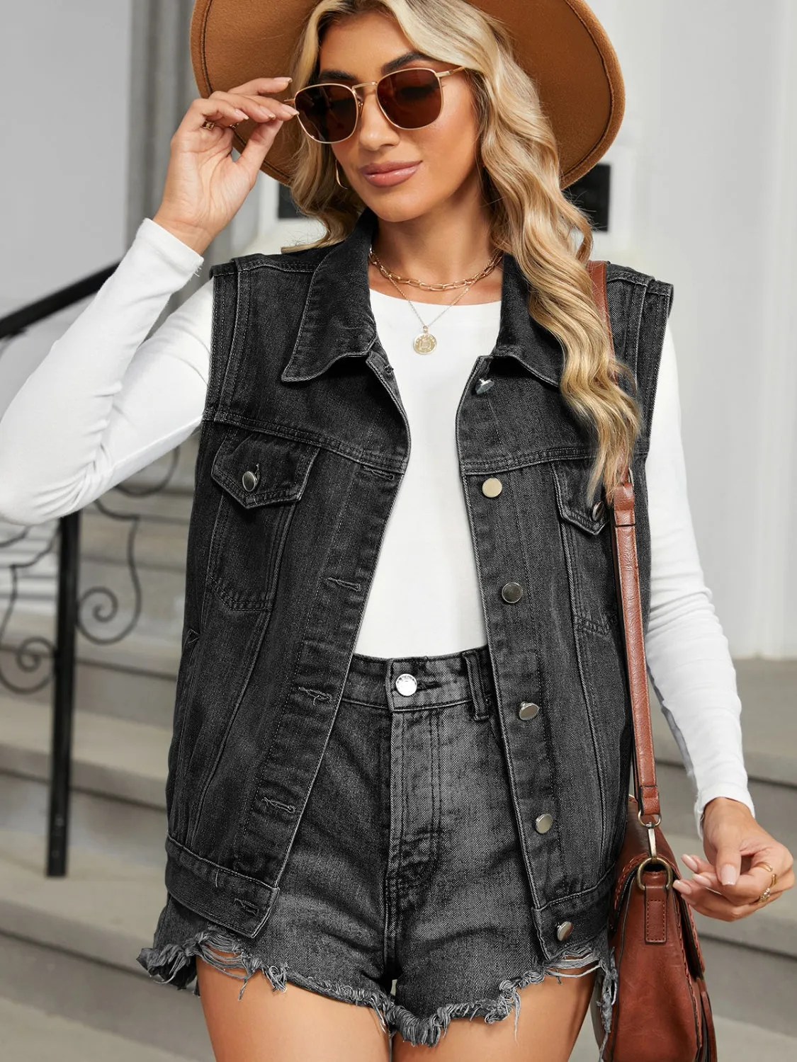 Pocketed Button Up Sleeveless Denim Jacket sold by Unique Kulture product image thumbnail 4