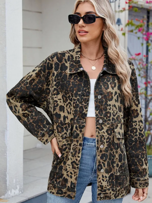 Leopard Button Up Drop Shoulder Denim Jacket sold by Unique Kulture