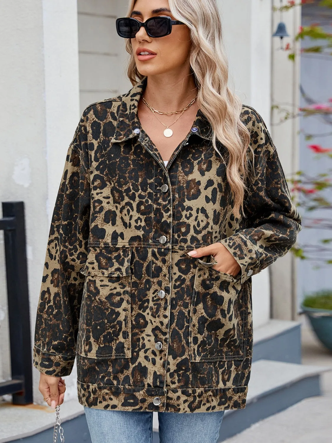 Leopard Button Up Drop Shoulder Denim Jacket sold by Unique Kulture product image thumbnail 4