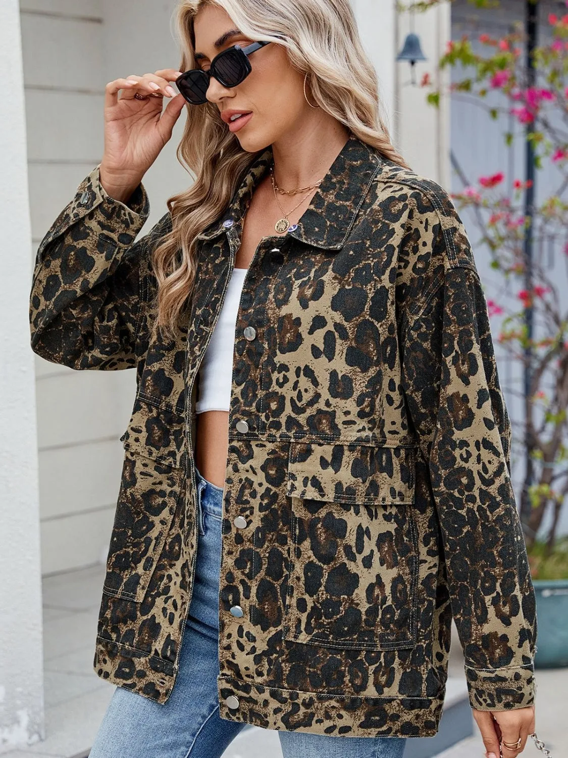 Leopard Button Up Drop Shoulder Denim Jacket sold by Unique Kulture product image thumbnail 2