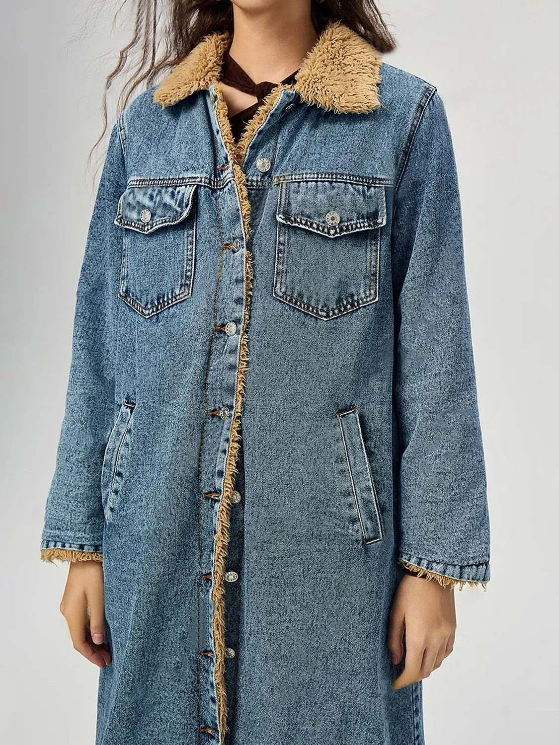 Pocketed Button Up Denim Jacket with Fur Lining sold by Unique Kulture product image thumbnail 5