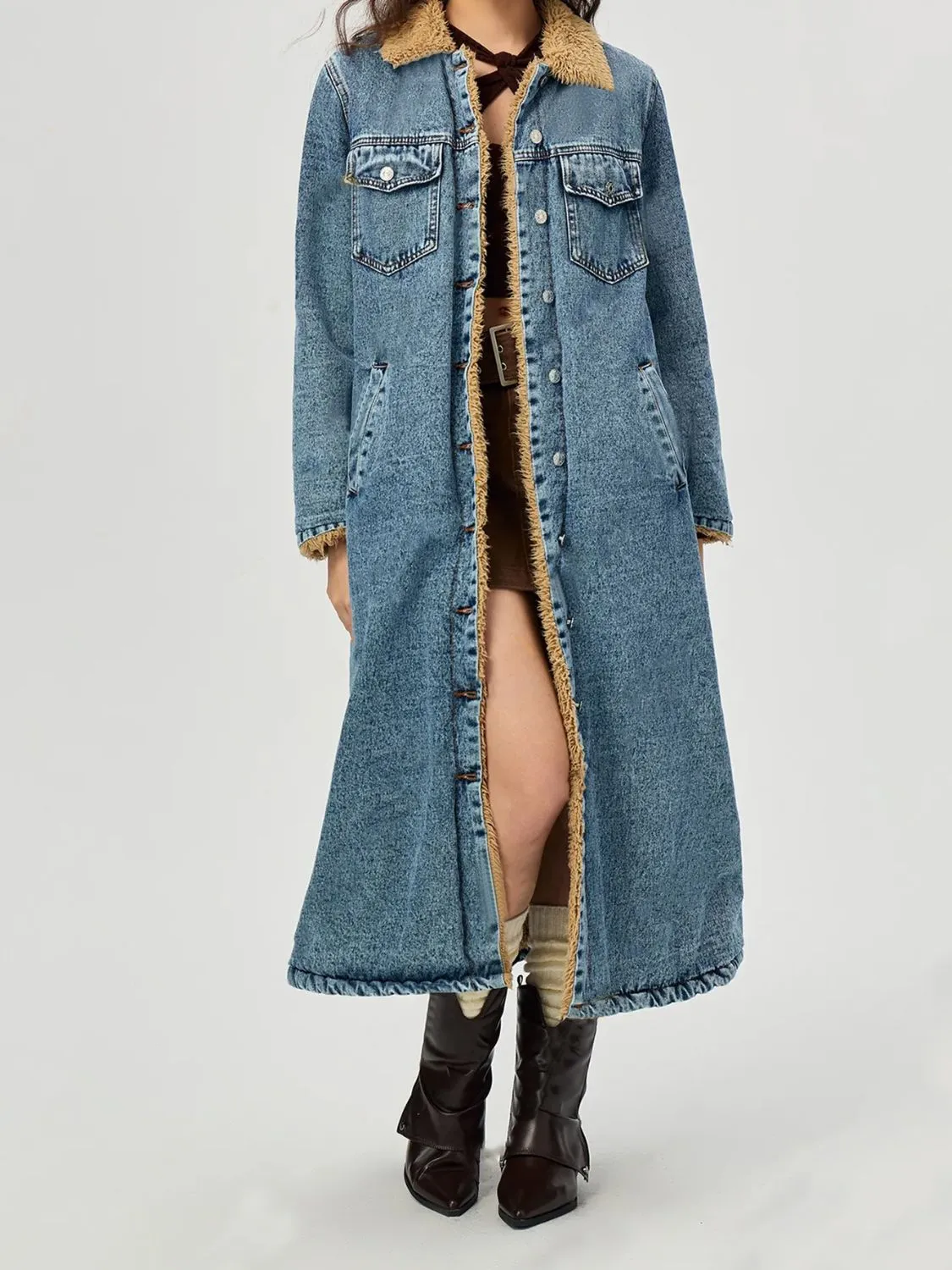 Pocketed Button Up Denim Jacket with Fur Lining sold by Unique Kulture