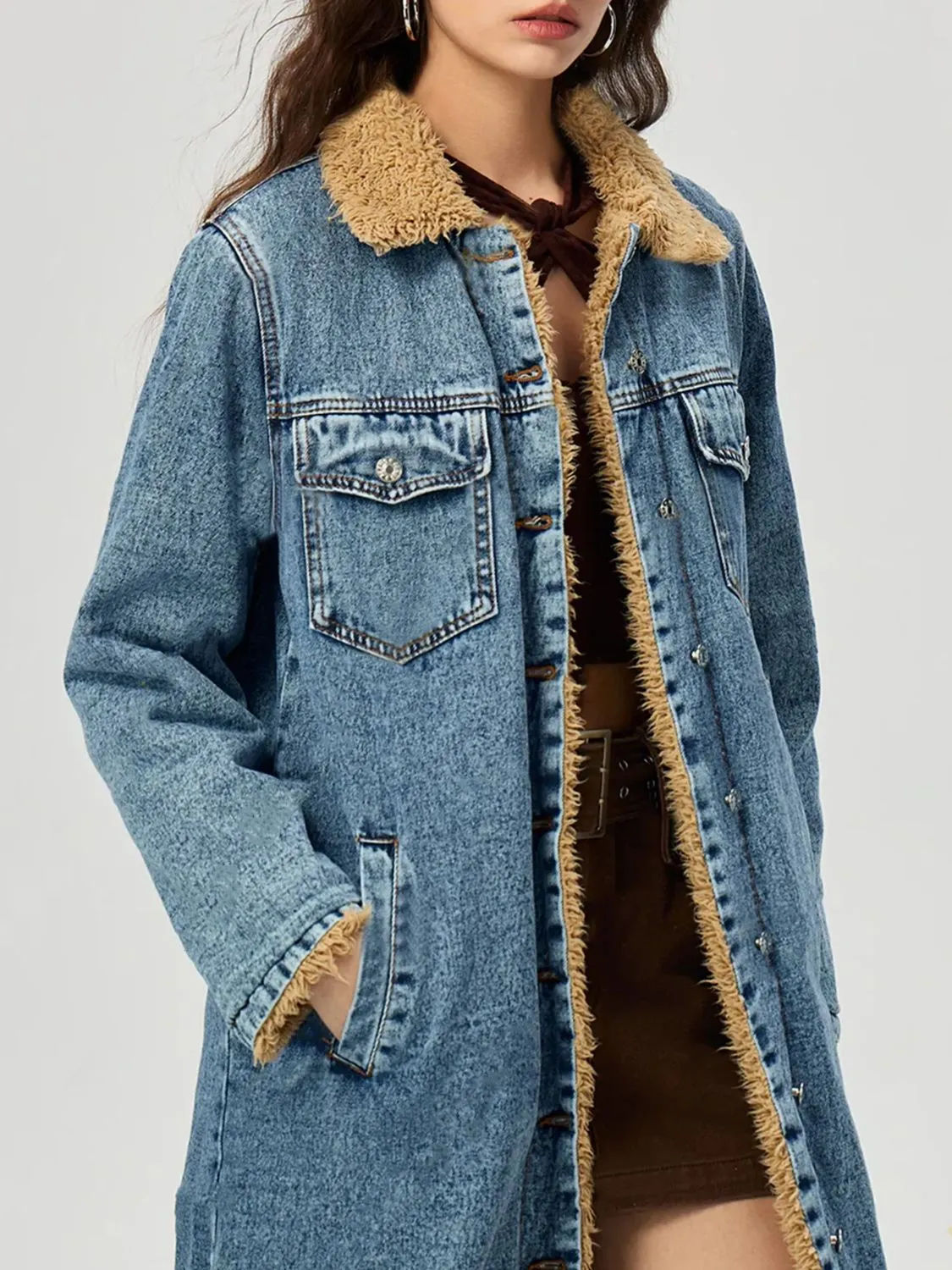 Pocketed Button Up Denim Jacket with Fur Lining sold by Unique Kulture product image thumbnail 2
