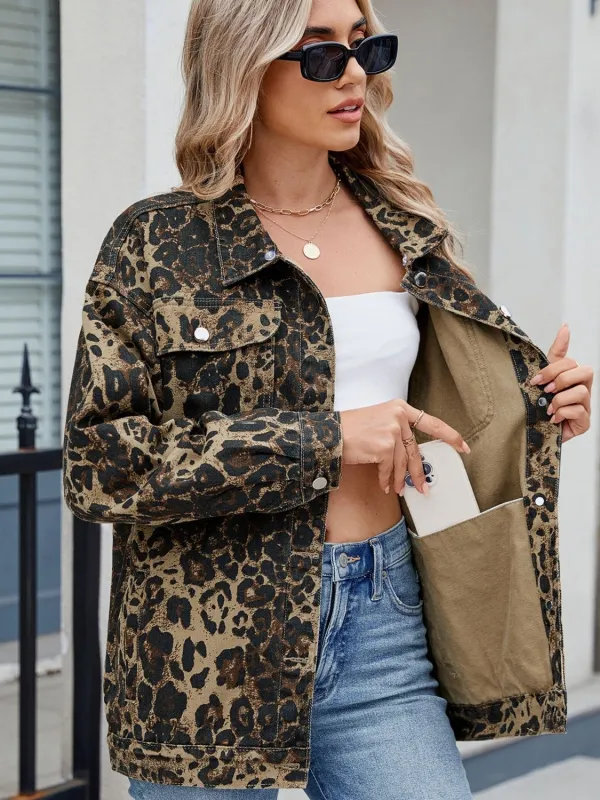 Pocketed Leopard Long Sleeve Denim Jacket sold by Unique Kulture