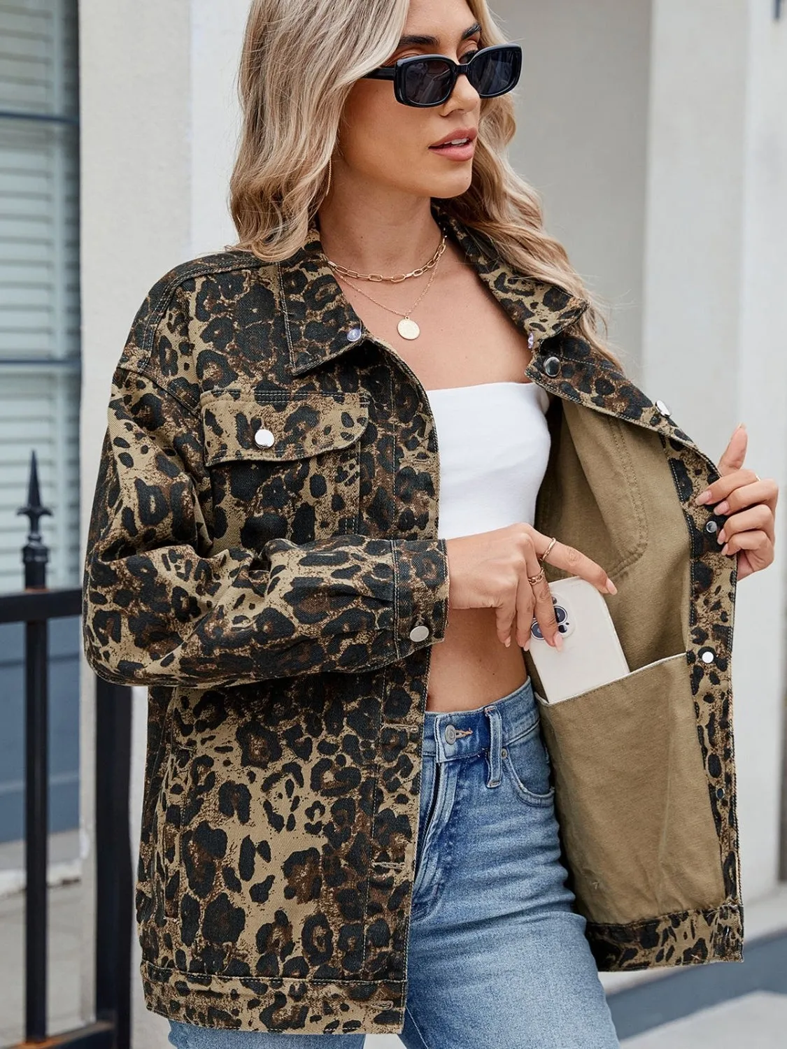 Pocketed Leopard Long Sleeve Denim Jacket sold by Unique Kulture