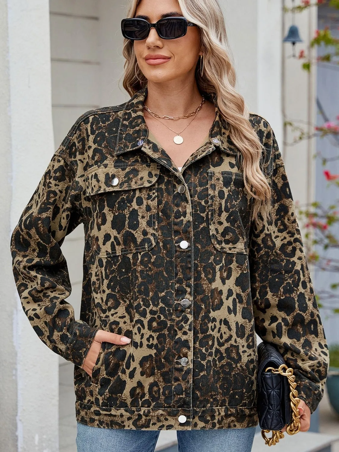 Pocketed Leopard Long Sleeve Denim Jacket sold by Unique Kulture product image thumbnail 2
