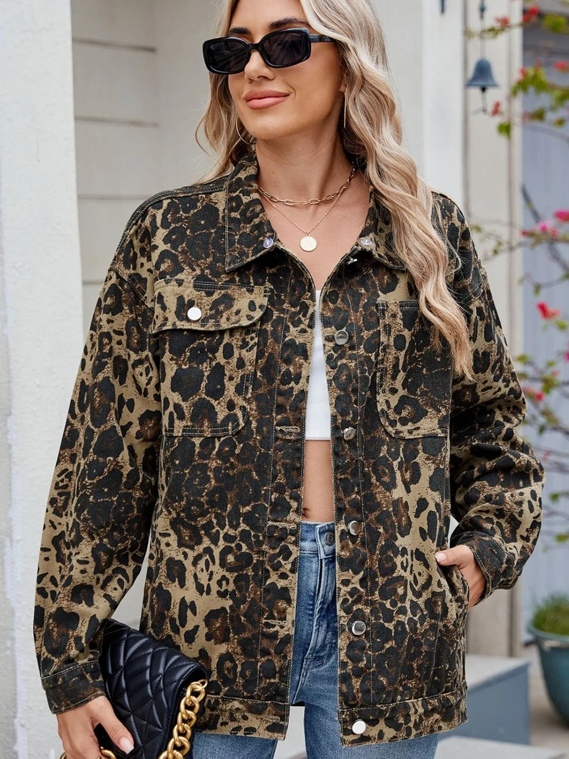 Pocketed Leopard Long Sleeve Denim Jacket sold by Unique Kulture product image thumbnail 3
