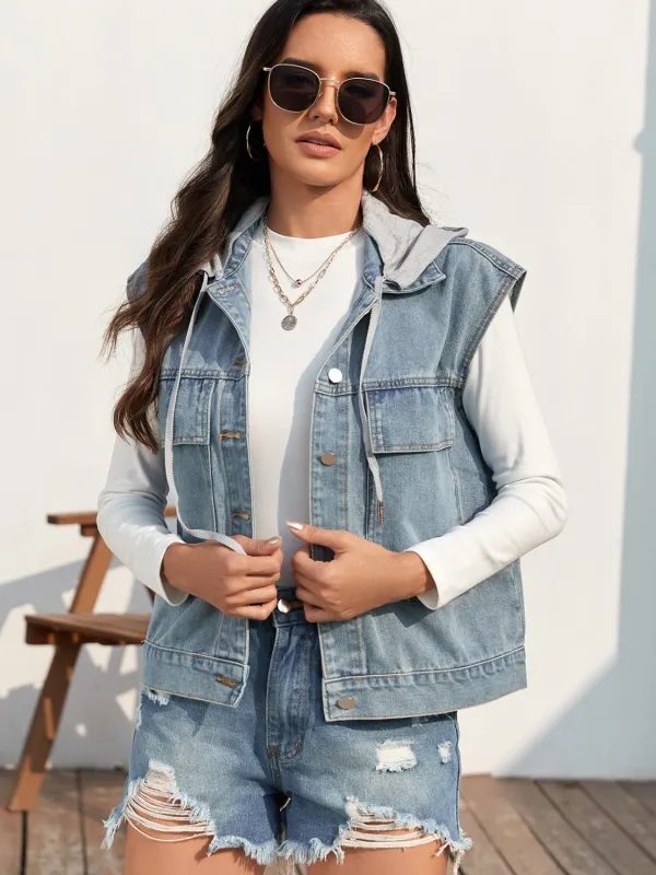 Drawstring Button Up Sleeveless Denim Jacket sold by Unique Kulture
