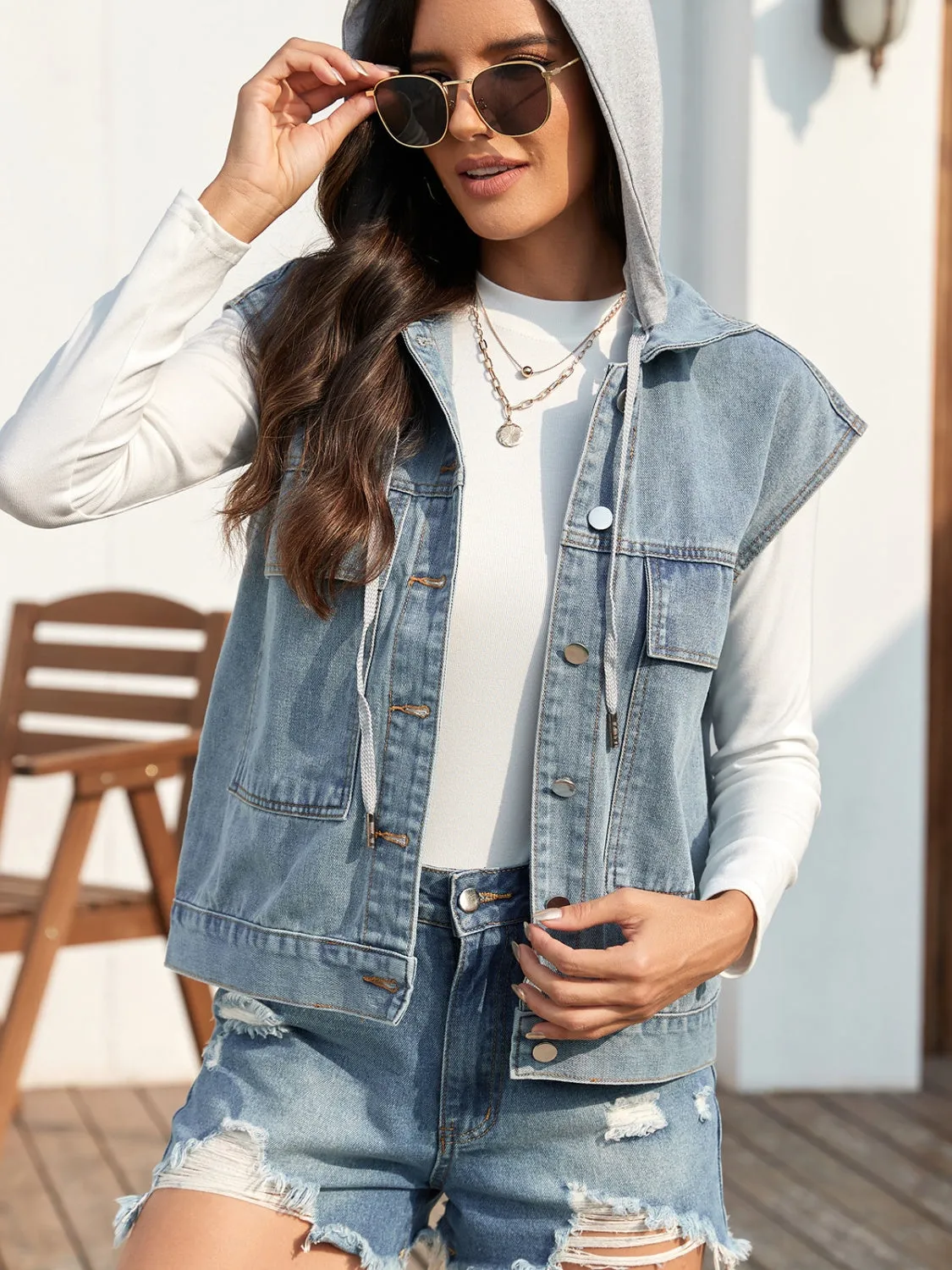 Drawstring Button Up Sleeveless Denim Jacket sold by Unique Kulture product image thumbnail 4