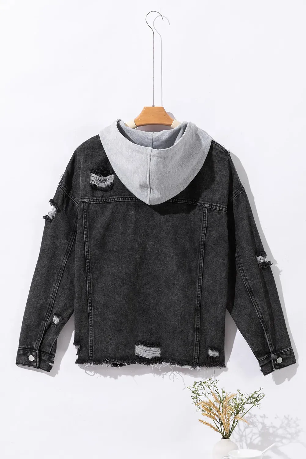 Distressed Drawstring Long Sleeve Hooded Denim Jacket sold by Unique Kulture product image thumbnail 3