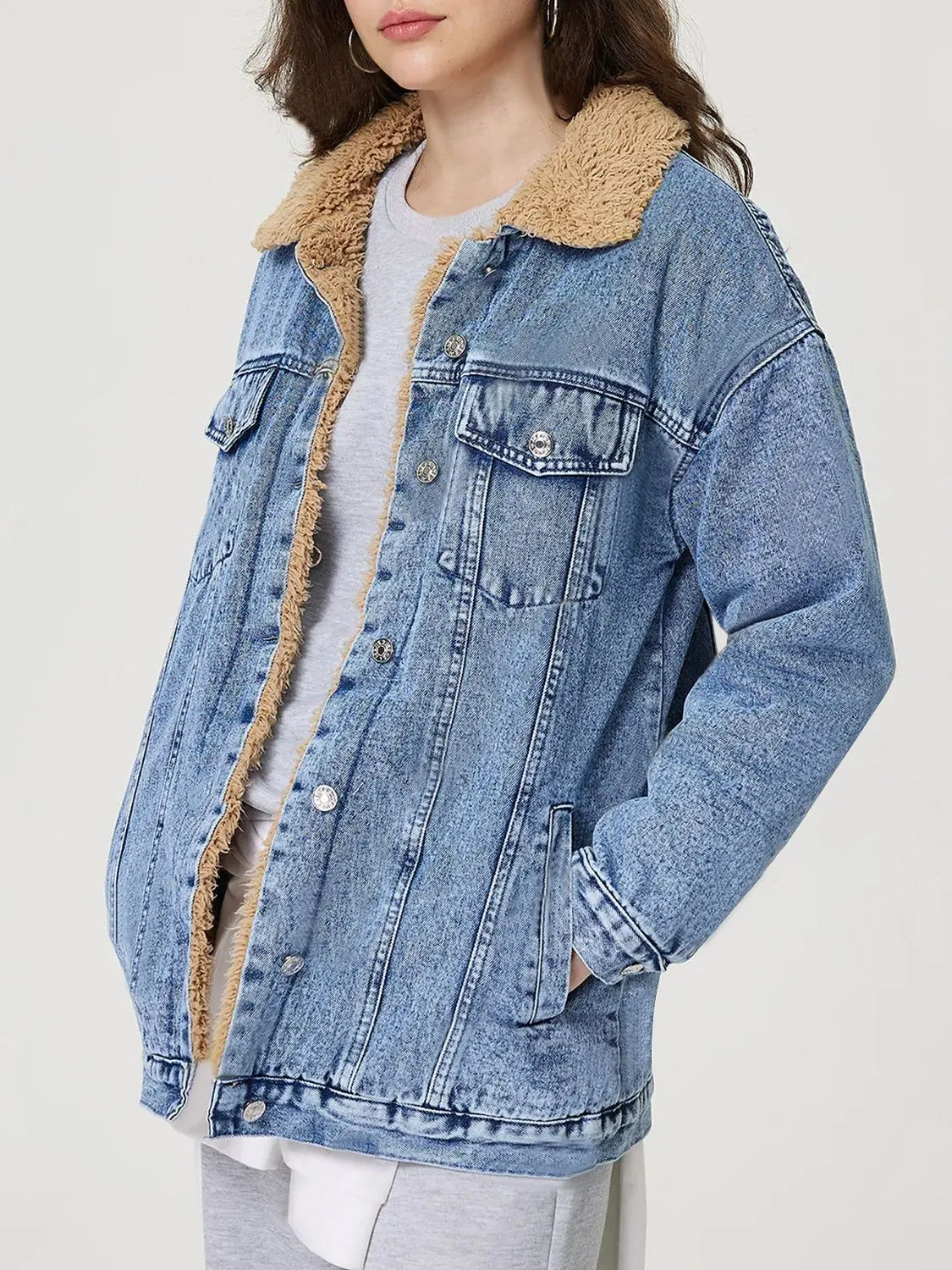 Button Up Collared Neck Plush Denim Jacket sold by Unique Kulture product image thumbnail 3
