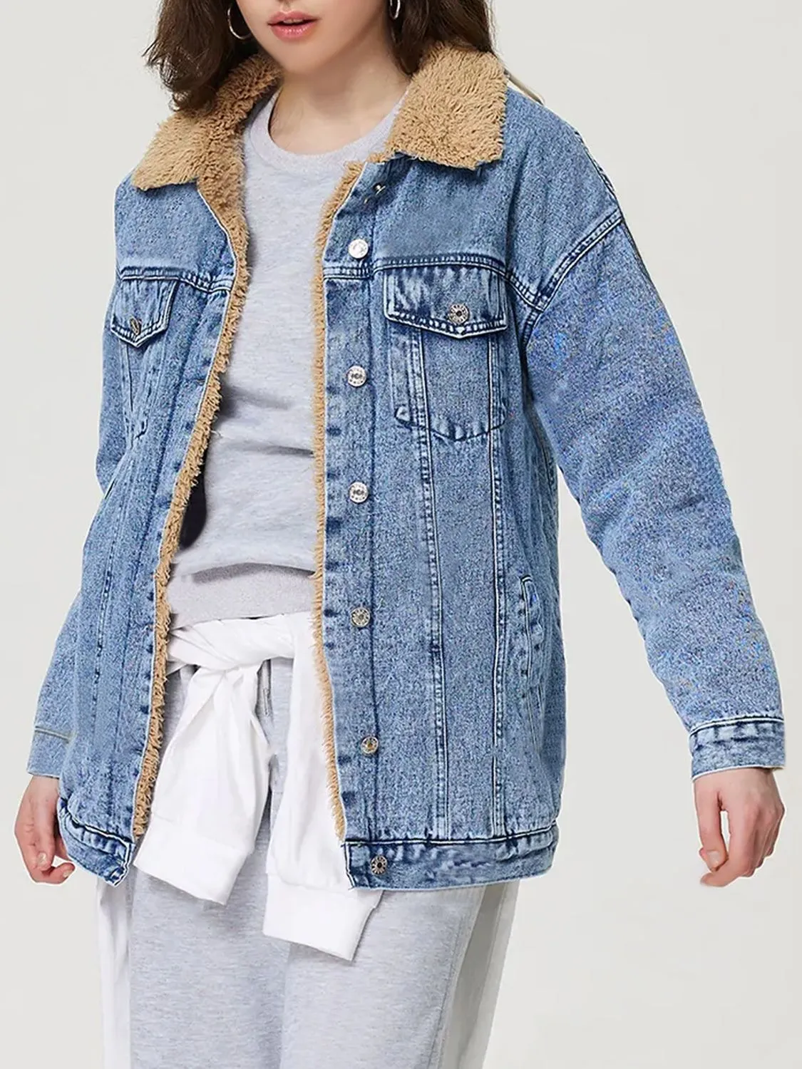 Button Up Collared Neck Plush Denim Jacket sold by Unique Kulture product image thumbnail 5