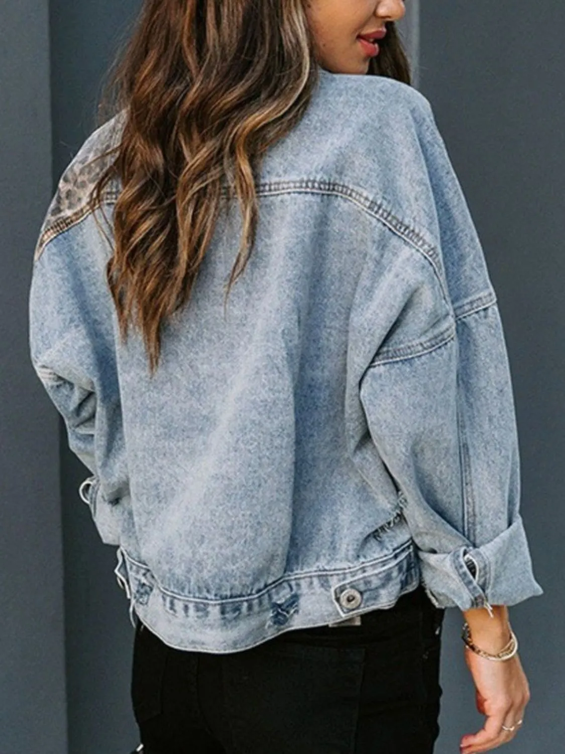 Distressed Leopard Drop Shoulder Denim Jacket sold by Unique Kulture product image thumbnail 5