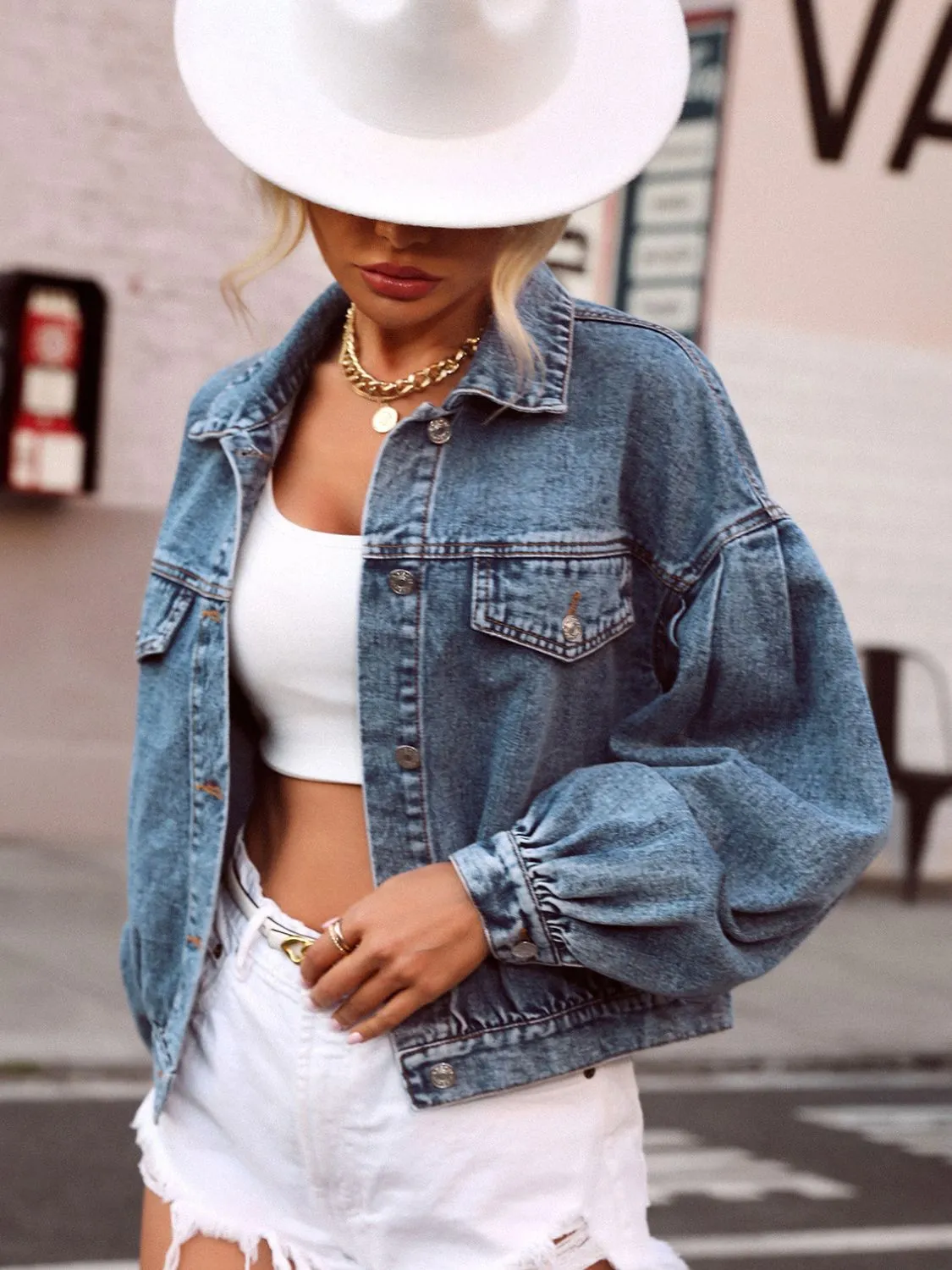 Collared Neck Dropped Shoulder Denim Top sold by Unique Kulture