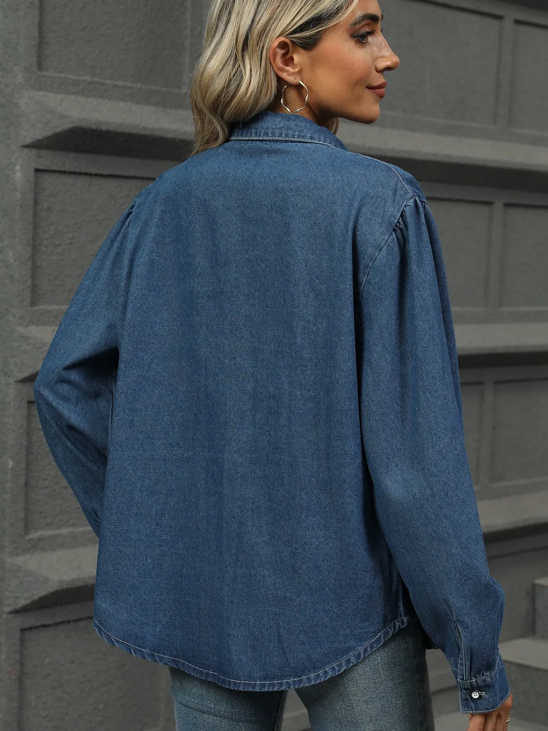 Button Down Collared Neck Long Sleeve Denim Top sold by Unique Kulture product image thumbnail 2