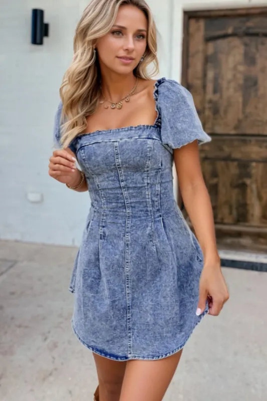 Tie Back Square Neck Puff Sleeve Denim Dress sold by Unique Kulture